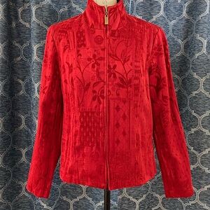 Red Zip-Front Velvet Bomber Jacket